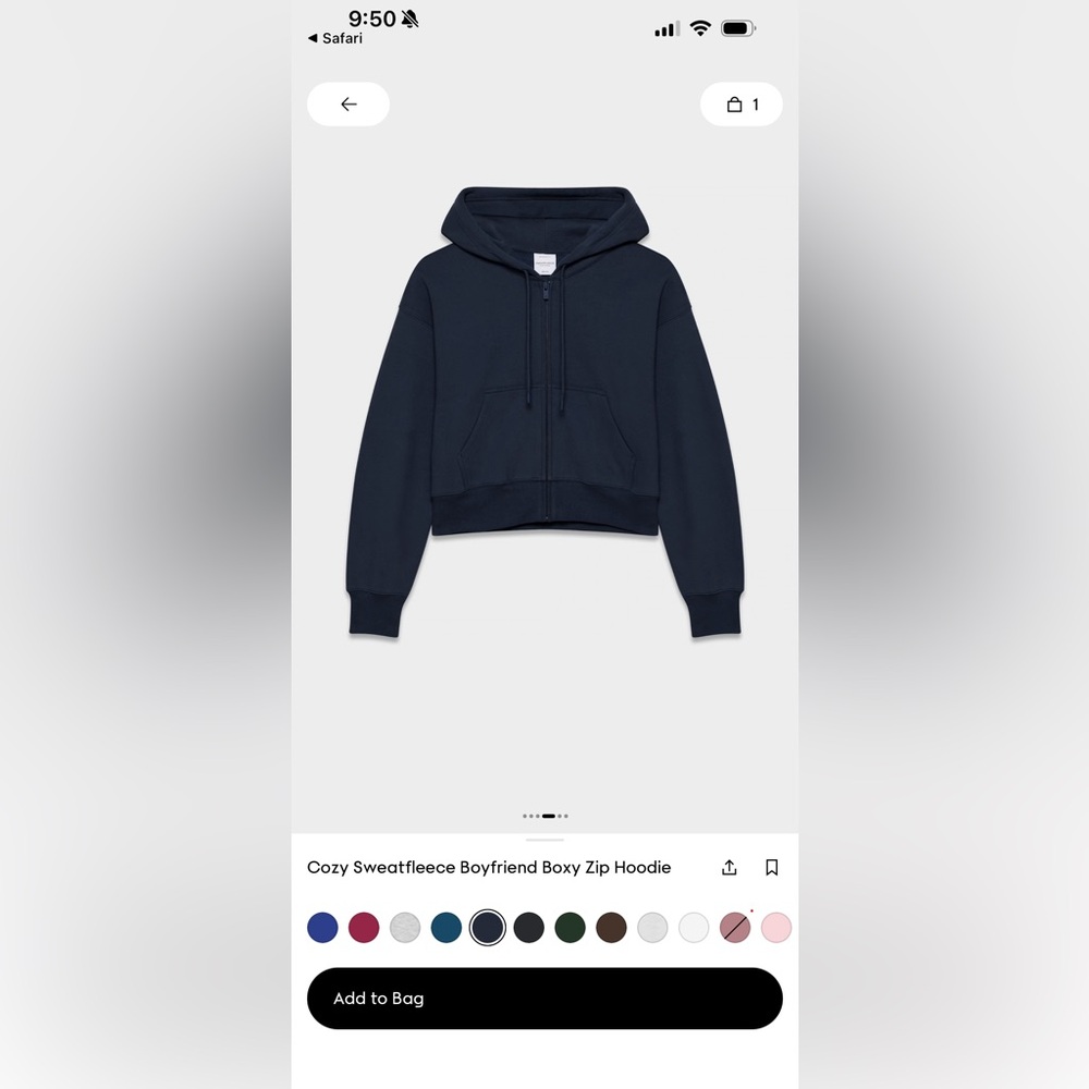 Aritzia TNA Cozy Fleece Boxy Zip Hoodie in Dark Blue (admiral blue)